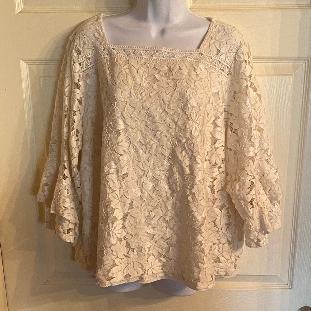 Rafaella Cream Floral Lace Square Neck Tunic
